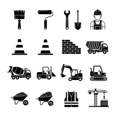 A collection of black and white construction, tools, and heavy equipment icons. Vector icon set. Isolated on a white background.