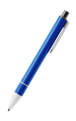 A vibrant blue ballpoint pen, angled