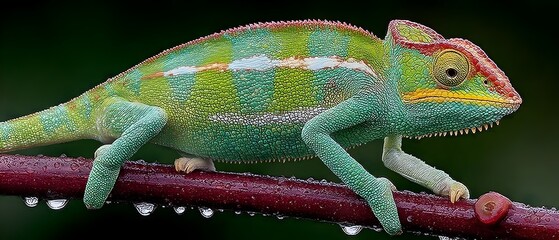 Fototapeta premium A green and yellow lizard is on a branch