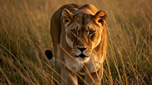 Powerful lioness walking through tall golden grass in savanna at sunset. Intense wildlife portrait. Concept of predator hunting