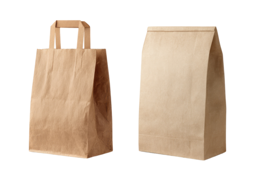 Two kraft paper shopping bags.  One with a handle, one without.  Both are light brown