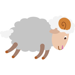 Cartoon Ram Sheep With Brown Swirled Horns And Light Gray Woolly Body Running With White Fluffy Tail And Pink Nose Against Transparent Background