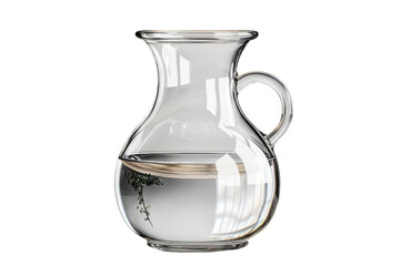 Glass pitcher filled with water and a sprig of greenery against a stark for a minimalist look on transparent background