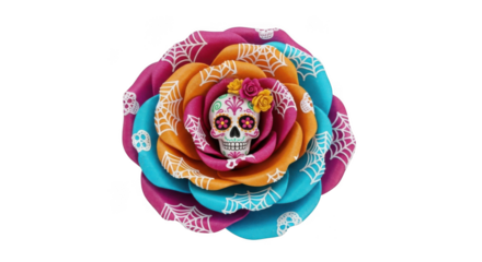 Sugar skull rose decoration isolated on transparent background