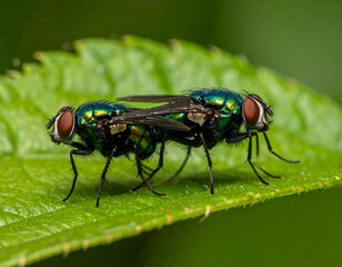 Two iridescent green flies on a leaf. Close-up of the insects' bodies and wings, showcasing their vibrant metallic hues.  Their red eyes are prominent