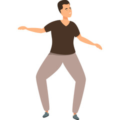 Cartoon man in brown shirt and grey pants dancing happily with arms outstretched on a transparent background with pixelated details