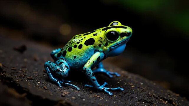 Vibrant yellow and blue poison dart frog with black spots on dark log. Macro wildlife photography. Exotic amphibian in rainforest habitat. Banner for zoology and conservation themes