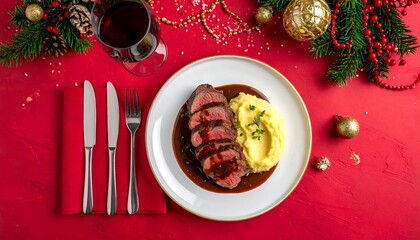 Festive Christmas dinner plate with sliced roast beef, mashed potatoes, and red wine