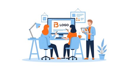 Collaborative Logo Design Team Project Illustration: Graphic Designers Working Together on Branding Project With Computer and Tablets in Creative Office Setting