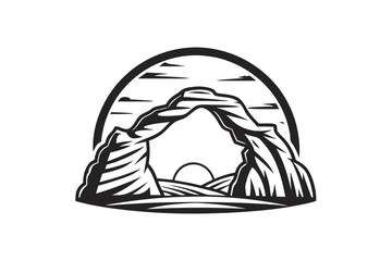 Black monochrome stone arch frames a sun over distant hills and sky