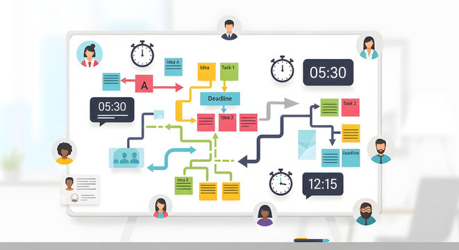 Remote collaboration whiteboard with sticky notes, flowchart arrows, timers, and avatars, tidy workspace, flat style.