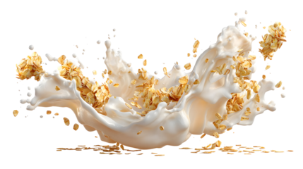 Dynamic splash of creamy milk and golden oats for breakfast advertising