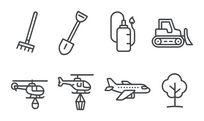 Monochrome icons: tools, vehicles, agriculture, construction, and aviation symbols