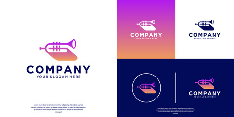 Fototapeta premium Music education logo with a book and trumpet concept, orchestra performance, harmony, graphic design template.