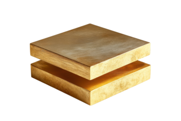 Two golden blocks stacked with a slight offset creating a minimalist and luxurious aesthetic design element on transparent background