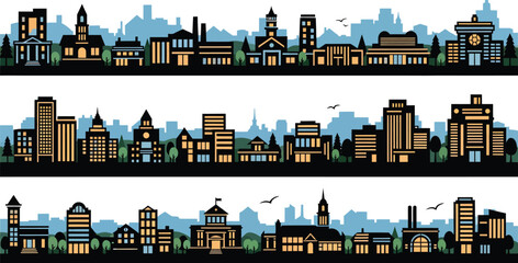 Vector art of a panoramic cityscape illustration featuring three distinct horizontal bands of silhouetted buildings against a light blue sky with scattered birds