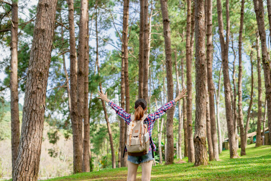 Young asian woman traveler with backpack holding hat and looking at amazing mountains in the forest. Relax time on holiday of hipster style. Nature travel concept.
