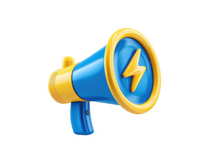 3D illustration of a blue and yellow megaphone with a lightning bolt graphic