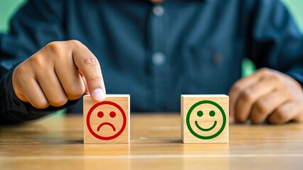 Customer satisfaction concept with sad and happy face icons on wooden cubes
