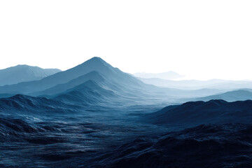 Misty mountain range.  Vast, serene landscape of a dark blue-gray mountain range with a hazy, pale blue mist.  Jagged peaks rise, fading into a soft horizon