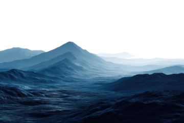 Misty mountain range.  Vast, serene landscape of a dark blue-gray mountain range with a hazy, pale blue mist.  Jagged peaks rise, fading into a soft horizon