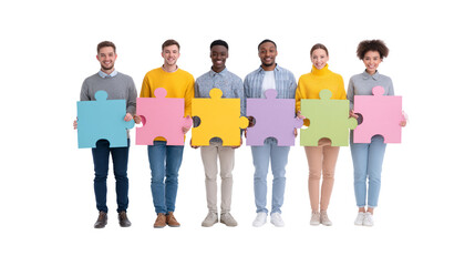 Obraz premium Diverse Group Holding Colorful Puzzle Pieces for Collaboration Concept