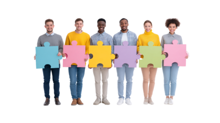 Diverse Group Holding Colorful Puzzle Pieces for Collaboration Concept