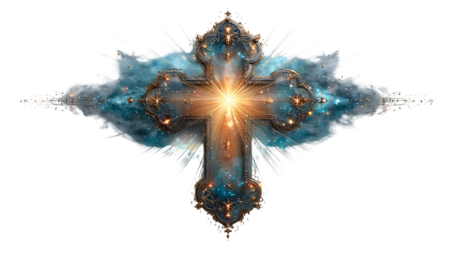 Celestial Cross with Cosmic Background and Radiant Light Effects