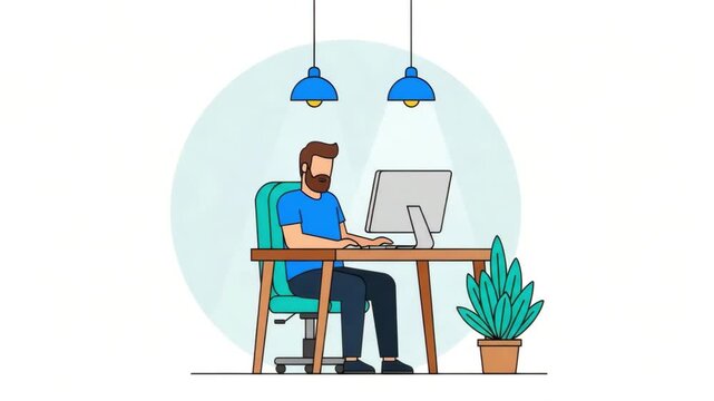 Man working on computer at desk with plant and lamps, isolated on white background