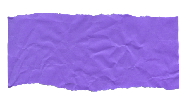 Strip of crumpled purple paper with torn edges texture isolated. Old antique sheet paper with space for text.	