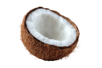 Half a coconut, showcasing the white, fibrous interior.  Its rough, brown exterior is visible