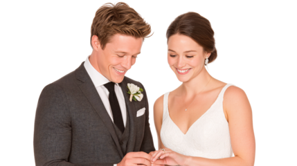 Joyful Couple Exchanging Wedding Rings in Elegant Attire