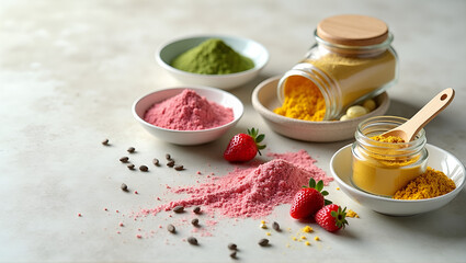 Vibrant unbranded superfood powders and supplements on light stone background