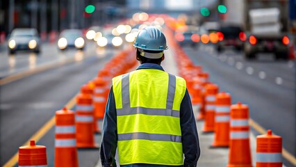 Obraz premium Construction worker in safety vest and helmet on road with traffic cones 