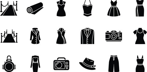 Vector art of fashion and style icons including dresses, suits, cameras, hats, and red carpet