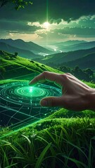 Hand interacts with a glowing green interface over a lush, verdant landscape at sunrise