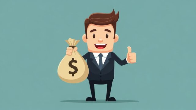 Man in suit holding money bag and giving thumbs up
