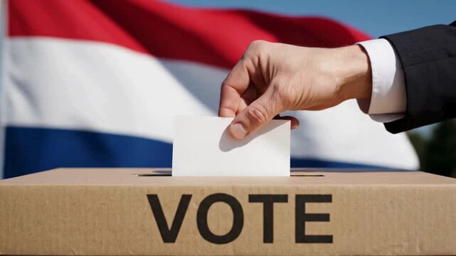 Man casts vote in Dutch election with flag waving proudly in background