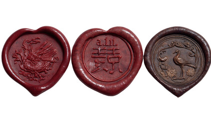 Three heart-shaped wax seals, red and dark brown.  Each seal displays intricate designs one with a bird, another with stylized script and symbols, and the third with a bird and foliage.  