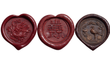 Three heart-shaped wax seals, red and dark brown.  Each seal displays intricate designs one with a bird, another with stylized script and symbols, and the third with a bird and foliage.  