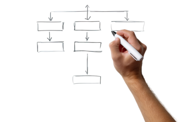 Hand drawing a hierarchical flowchart on a dark surface