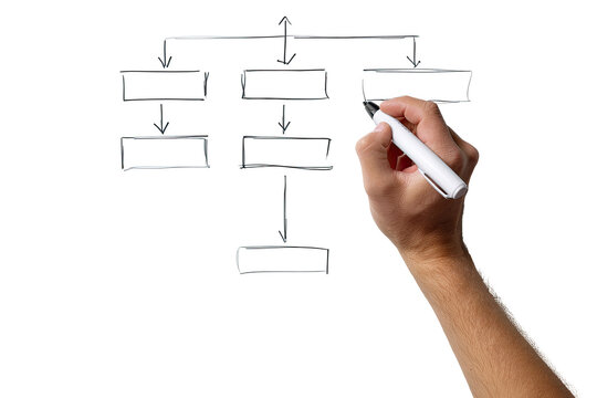 Hand drawing a hierarchical flowchart on a dark surface