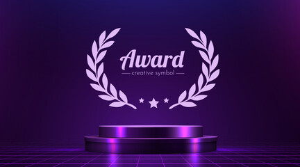 Neon Award Podium with Laurel Wreath Symbol. A vibrant virtual achievement stage.