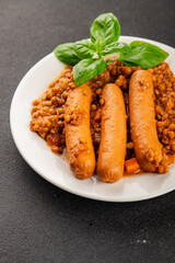 Sausage with lentils second course tasty snack fresh delicious gourmet food background on the table rustic top view copy space