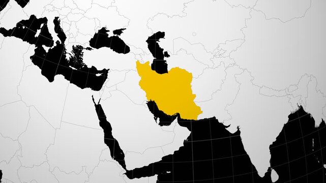 Iran map. Animated zoom into the country on the Globe in Black White color palette. Country logo animation. Map with meridians, parallels. Classy video.