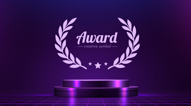Neon Award Podium with Laurel Wreath Symbol. A vibrant virtual achievement stage.