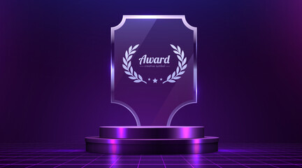 Shiny glass award plaque with laurel wreath on a glowing purple podium against a dark futuristic background. © hobbitfoot