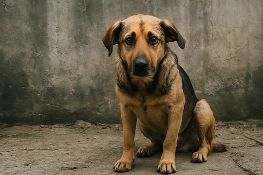 Brown mixed breed dog sitting alone on rough concrete ground, sad stray dog looking directly at camera in front of weathered gray wall, homeless animal and abandoned pet concept, canine welfare, anima