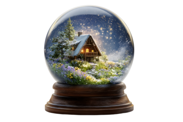 Enchanted snowy cabin inside glass globe on wooden base for winter decor and gift ideas