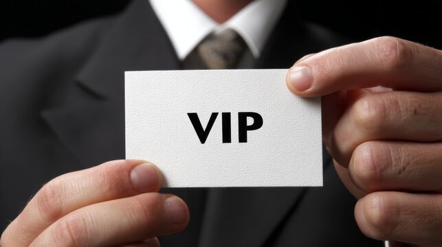 A well-dressed person holds a white card proudly displaying the letters VIP. The background is dark, emphasizing the significance of this exclusive access